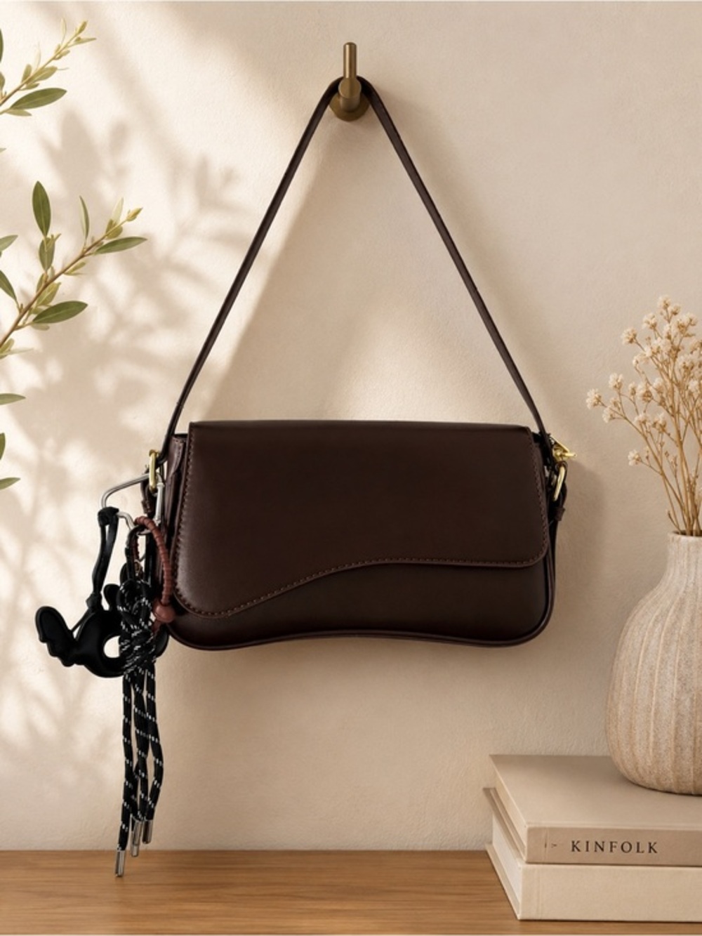 Women's Dark Brown Leather Shoulder Bag with Curved Flap